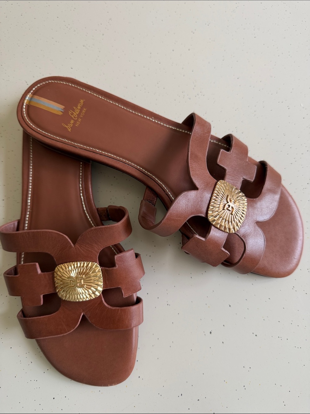 Sam Edelman Leather Slide Sandals with Gold Medallion - Brown Size:9 - Picture 7 of 7